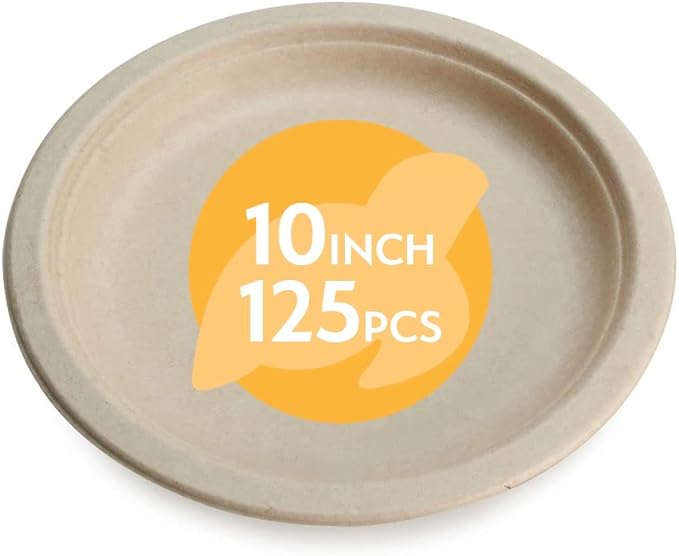 100% Compostable Disposable Paper Plates Bulk [10" 125 Pack], Bamboo Plates, Eco Friendly, Biodegradable, Sturdy Large Dinner Party Plates, Heavy-Duty, Unbleached by Earth's Natural Alternative