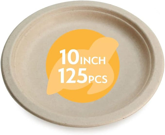 100% Compostable Disposable Paper Plates Bulk [10" 125 Pack], Bamboo Plates, Eco Friendly, Biodegradable, Sturdy Large Dinner Party Plates, Heavy-Duty, Unbleached by Earth's Natural Alternative