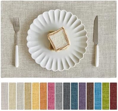 Softalker Faux Linen Placemats Set of 12-12 x 18 Inch, Heat Resistant Double Layered Durable Burlap Farmhouse Place Mats, Non-Slip Washable Rustic Table Mats for Dining, Kitchen, Party竊뉰eige