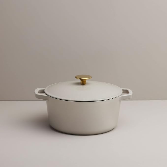 Milo by Kana 3.5-quart Enameled Cast Iron Dutch Oven with Lid | Premium Casserole Cooking Pot | Enamel Coating Inside and Out | Oven Safe and Dishwasher Friendly (Pebble with Gold Knob)