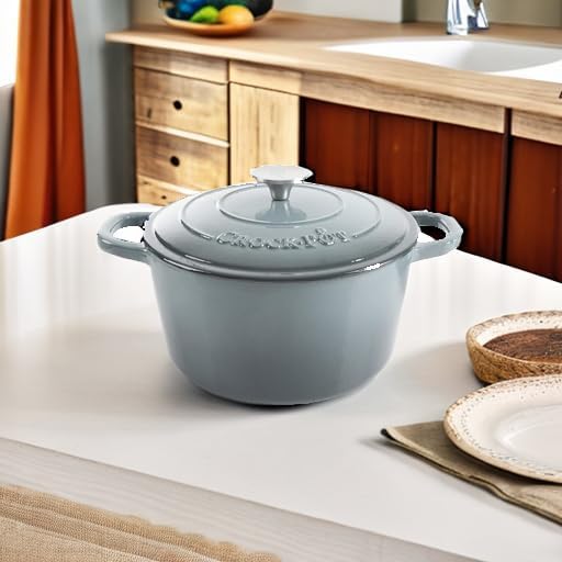Crock Pot Artisan 5-Quart Round Enameled Cast Iron Dutch Oven ??Slate Gray, Heavy-Duty Cookware for Slow Cooking, Roasting, Baking with Lid
