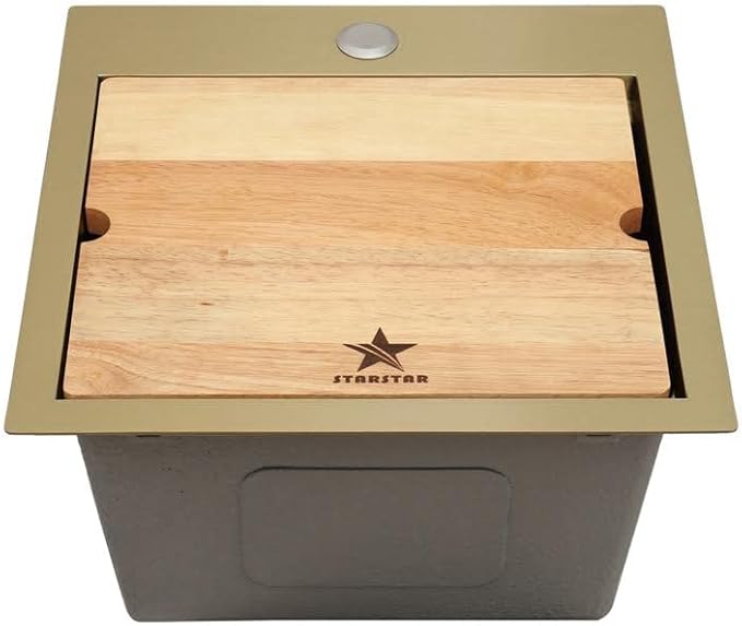STARSTAR Workstation Ledge Top Mount/Drop-in Gold 304 Matte Stainless Steel Single Bowl For Kitchen,Yard, Office, Bar, Laundry Sink (18 x 18 x 10)