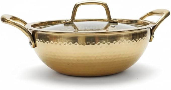 Pure Brass Hammered Kadai with Lid, Tin Coated Interior, 1.5 Liter Traditional Indian Cooking Pan, Gas Stove Compatible