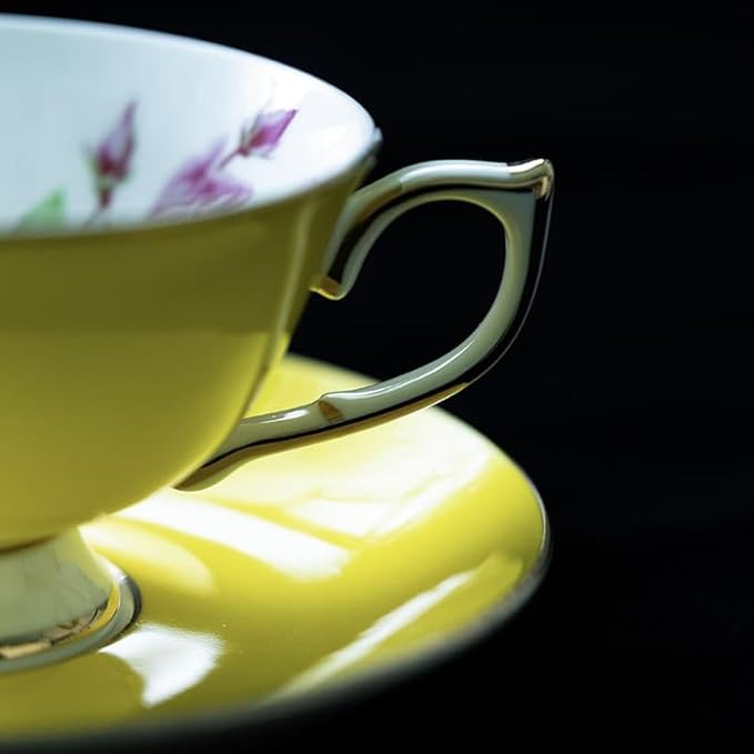 Aynsley Elizabeth Rose Fine Bone China Teacup and Saucer Set - 6.76oz Hand-Painted Gold-Trimmed Floral Vintage Set, Fancy Gift for Christmas/Wedding/New Year(Yellow)