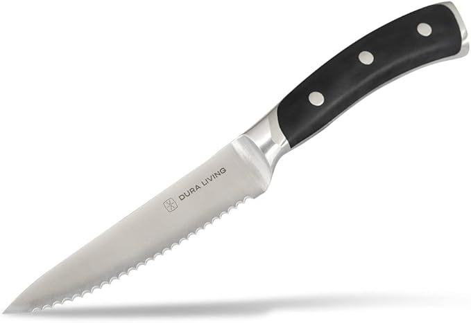 DURA LIVING 4-Piece Serrated Kitchen Steak Knife Set ??Forged High Carbon Stainless Steel, Ultra Sharp, Ergonomic Black Handles, Durable Dinner Knives, Black Handle