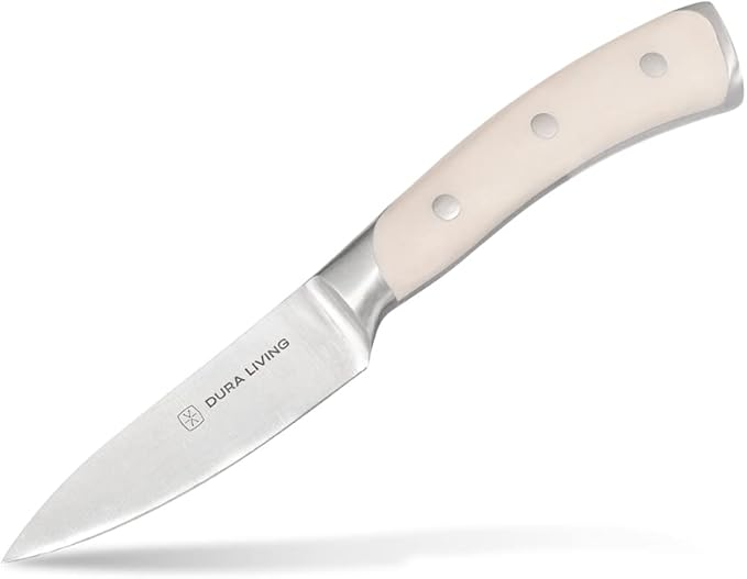 DURA LIVING 3.5-Inch Paring Knife ??Ultra-Sharp German High Carbon Stainless Steel, Full Tang, Ergonomic Handle, Multipurpose Kitchen Knife for Chopping, Slicing, and Dicing, Cream