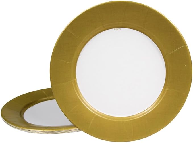 Caspari Linen Border Paper Dinner Plates in Gold - Pack of 8