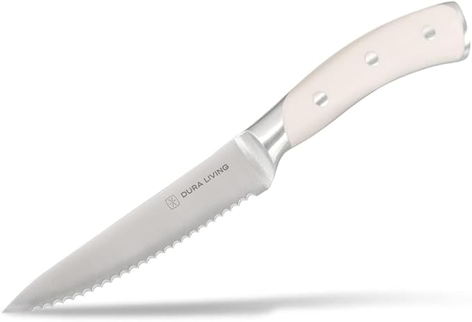 DURA LIVING 8-Piece Serrated Kitchen Steak Knife Set ??Forged High Carbon Stainless Steel, Ultra Sharp, Ergonomic Black Handles, Durable Dinner Knives, Cream Handle