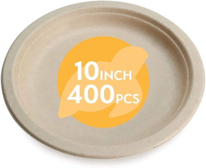 100% Compostable Disposable Paper Plates Bulk [10" 400 Pack], Bamboo Plates, Eco Friendly, Biodegradable, Sturdy Large Dinner Party Plates, Heavy-Duty, Unbleached by Earth's Natural Alternative
