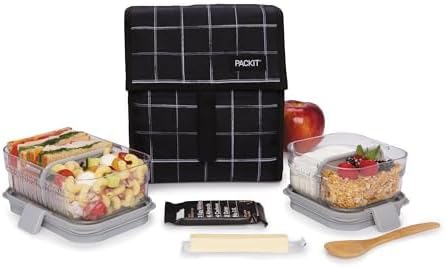 PackIt짰 Freezable Lunch Bag, Black Grid, Built with ECOFREEZE짰 Technology, Foldable, Reusable, Zip and Velcro Closure with Buckle Handle, Designed for Work Lunch and Fresh Lunch On the Go