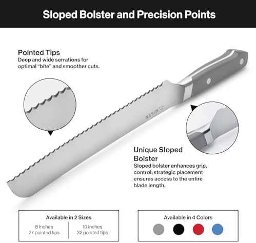 Misen Serrated Bread Knife - High-Carbon Japanese AUS8 Steel - Perfect for Soft Foods, Bread, Pastries, and Fruits - Verstatile Slicer, Razor-Sharp Edge, Durable Blade, Ergonomic Handle - 10", Red