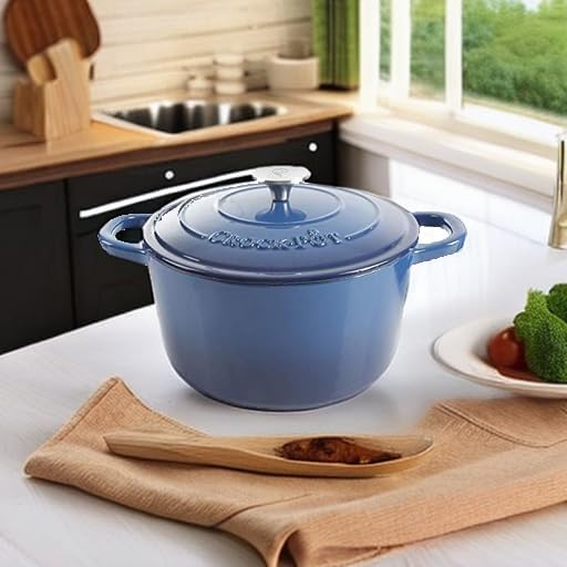Crock-Pot Artisan 5-Quart Round Enameled Cast Iron Dutch Oven ??Blue, Durable Heavy-Duty Cookware for Slow Cooking, Roasting, Baking with Lid