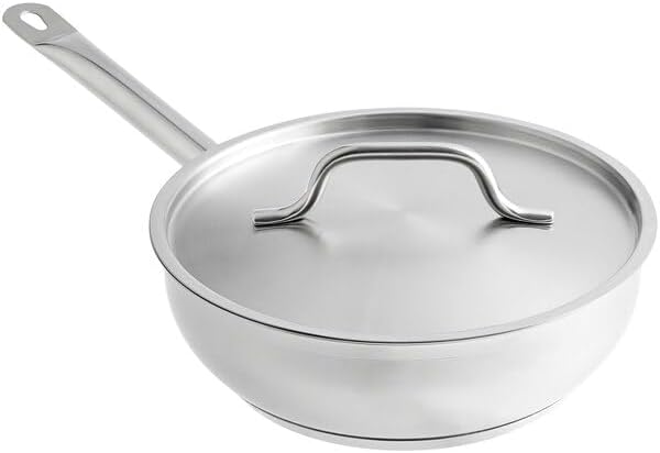SS1 Series 3 Qt Stainless Steel Saucier Pan, Silver, Aluminum-Clad Bottom, NSF Listed, Induction Ready, with Welded Handle and Cover, 10 x 3.1 Inches