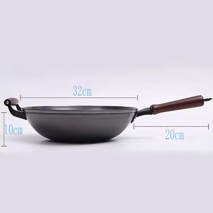 12.6Inch(32cm) Chinese Cast Iron Wok Pan, Stir-Frying Saute Cooking Pan Cookware No-Coatings Use on Gas stove, Campfire Open Fire Stir-Fry, Black Physical Non Stick