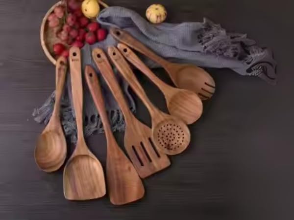 Wooden Spoons for Cooking - 6Piece Kitchen Utensils Set -Nontoxic Wooden Utensil Set -Heat Resistant Cooking Spoons - Wooden Spatula for Cooking - Teak Wood Utensils Set for Cooking - Wood Spoon