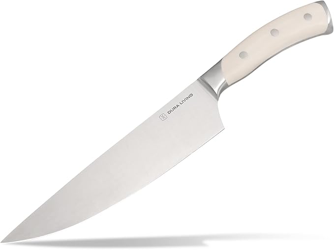 DURA LIVING 8-Inch Chef Knife ??Ultra-Sharp German High Carbon Stainless Steel, Full Tang, Ergonomic Handle, Multipurpose Kitchen Knife for Chopping, Slicing, and Dicing, Cream