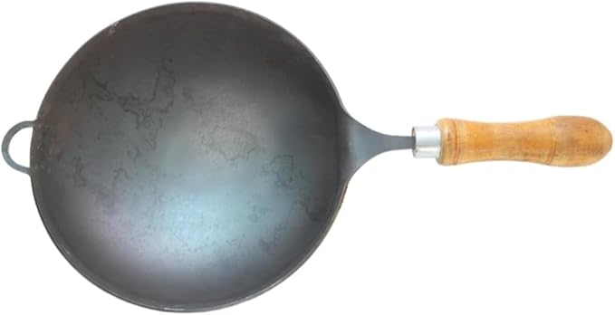 Pure Iron Mini Woke Kadhai fring saute Pan For Kitchen 8 inch size with wood handle Hand made Light Weight.