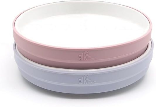 Elk and Friends Kids 7.8??Porcelain White Plates with Silicone Sleeves | Suitable for Babies/Toddlers | Microwave & Dishwasher Safe | Non Slip Dinnerware | Snack Dishes | 2 Pack