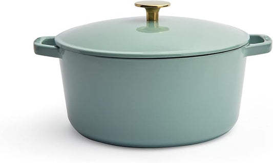 Milo by Kana 5.5-quart Enameled Cast Iron Dutch Oven with Lid | Premium Casserole Cooking Pot | Enamel Coating Inside and Out | Oven Safe and Dishwasher Friendly (Eucalyptus with Gold Knob)
