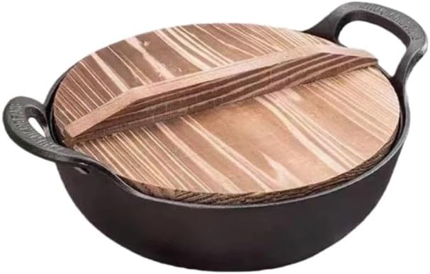 cast iron Dutch oven large-capacity pot with lid is used for baking bread and stewing meat-heavy-duty casting cooker iron pot is used for stewing, baking and bread baking.(Wooden lid, 7.9in*3in)
