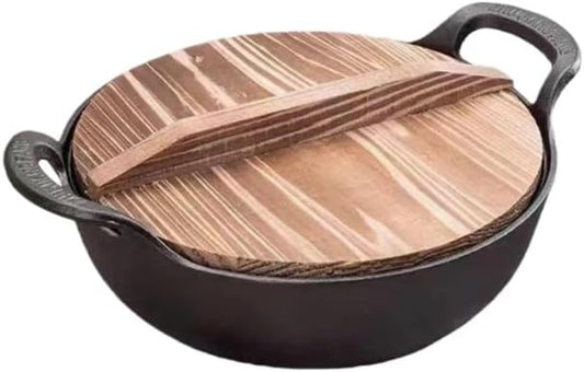 cast iron Dutch oven large-capacity pot with lid is used for baking bread and stewing meat-heavy-duty casting cooker iron pot is used for stewing, baking and bread baking.(Wooden lid, 7.9in*3in)