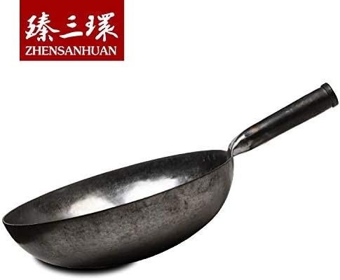 ?삡툒??ZhenSanHuan Chinese Hand Hammered Iron Woks and Stir Fry Pans, Non-stick, No Coating, Carbon Steel Pow (30CM, Silver-Not Seasoned)