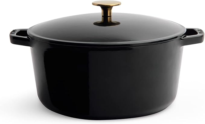 Milo by Kana 5.5-quart Enameled Cast Iron Dutch Oven with Lid | Premium Casserole Cooking Pot | Enamel Coating Inside and Out | Oven Safe and Dishwasher Friendly (Gloss Black with Gold Knob)