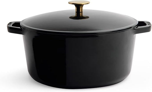 Milo by Kana 5.5-quart Enameled Cast Iron Dutch Oven with Lid | Premium Casserole Cooking Pot | Enamel Coating Inside and Out | Oven Safe and Dishwasher Friendly (Gloss Black with Gold Knob)