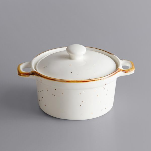Keystone Stoneware Mini Casserole Dish with Lid, 8 oz, White with Brown Speckles, Round, Dishwasher and Microwave Safe, 6 Per Case
