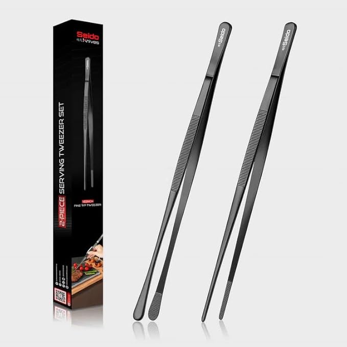 Seido 2-Piece Serving Tweezer Set 12-Inch ??Professional Stainless Steel Kitchen Tongs with Fine Tip & Flat Tip, Non-Slip Grip, Heat-Resistant Precision Tools for Cooking, Plating & Garnishing