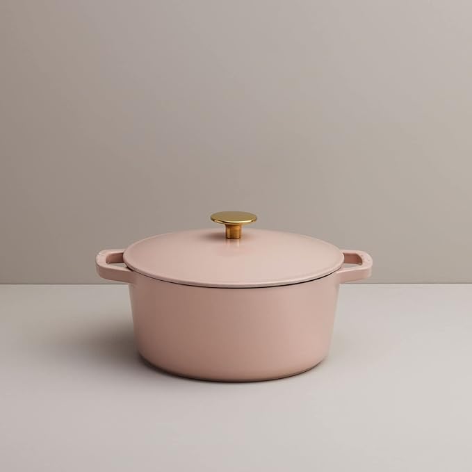 Milo by Kana 3.5-quart Enameled Cast Iron Dutch Oven with Lid | Premium Casserole Cooking Pot | Enamel Coating Inside and Out | Oven Safe and Dishwasher Friendly (Dusty Pink with Gold Knob)