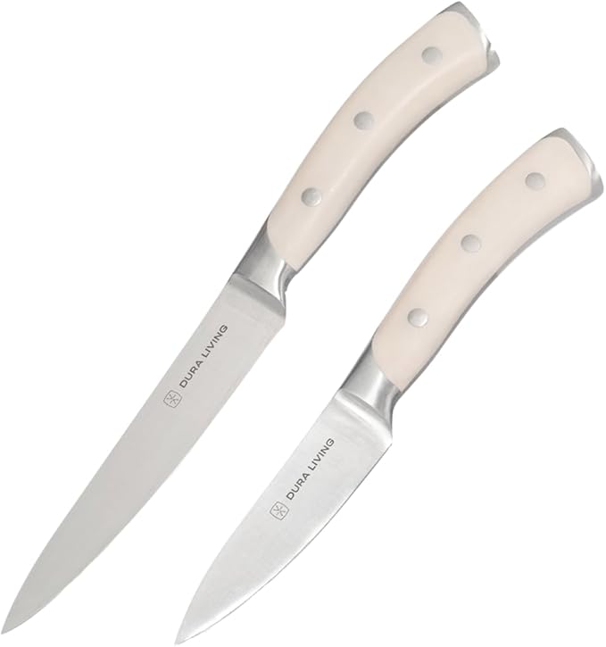 DURA LIVING 2-Piece Kitchen Knife Set ??Ultra Sharp Precision German Stainless Steel Blades, 5??Utility & 3.5??Paring Knife with Ergonomic Handles, Multipurpose for Slicing & Peeling, Cream Handle