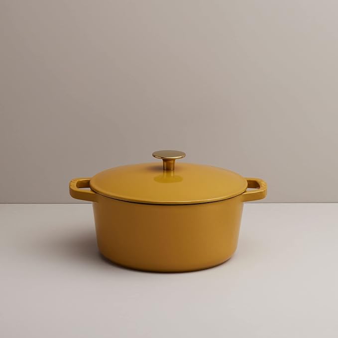 Milo by Kana 3.5-quart Enameled Cast Iron Dutch Oven with Lid | Premium Casserole Cooking Pot | Enamel Coating Inside and Out | Oven Safe and Dishwasher Friendly (Dijon with Gold Knob)