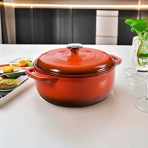 Lodge 6 Quart Enameled Cast Iron Dutch Oven with Lid ??Dual Handles ??Oven Safe up to 500째 F or on Stovetop - Use to Marinate, Cook, Bake, Refrigerate and Serve ??Poppy