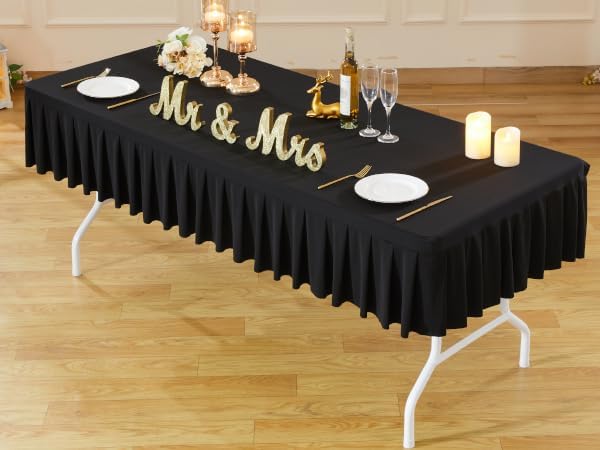 Wish Care 2 Pack Black Spandex Tablecloths for 6 Foot Rectangle Tables One-Piece 6ft Wrinkle Free Elastic Ruffle Table Cloths Stretch Fitted Table Cover Skirt for Dining Outdoor Home Party Tablecloth