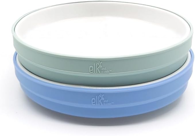 Elk and Friends Kids 7.8??Porcelain White Plates with Silicone Sleeves | Suitable for Babies/Toddlers | Microwave & Dishwasher Safe | Non Slip Dinnerware | Snack Dishes | 2 Pack