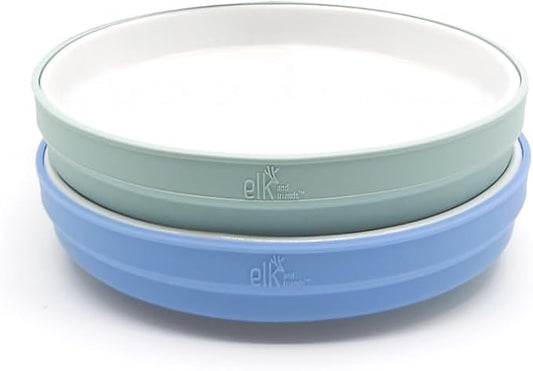 Elk and Friends Kids 7.8??Porcelain White Plates with Silicone Sleeves | Suitable for Babies/Toddlers | Microwave & Dishwasher Safe | Non Slip Dinnerware | Snack Dishes | 2 Pack