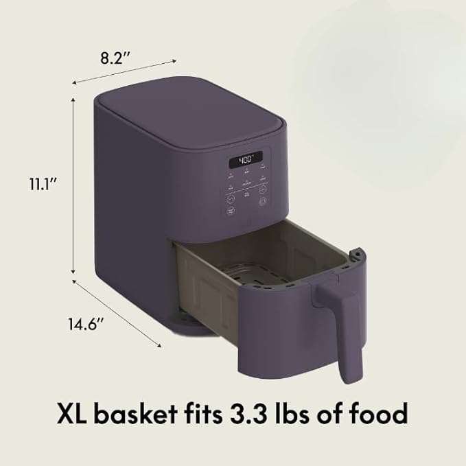 bella 4Qt Slim Air Fryer, Fits-anywhere??Kitchenware, EverGood??Ceramic Nonstick Coating, Adjustable Temperature, 6 Preset Cooking Options, 60 Min Auto Shutoff w Audible Tone, 3.3lb Capacity, Plum