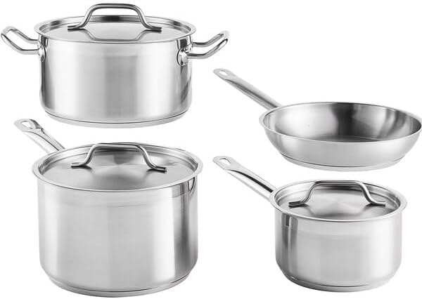 SS1 Series 7-Piece Induction Ready Stainless Steel Cookware Set, Silver, Aluminum-Clad Bottom, 2-6.75 Qt Sauce Pans with Lids, 9.5" Fry Pan