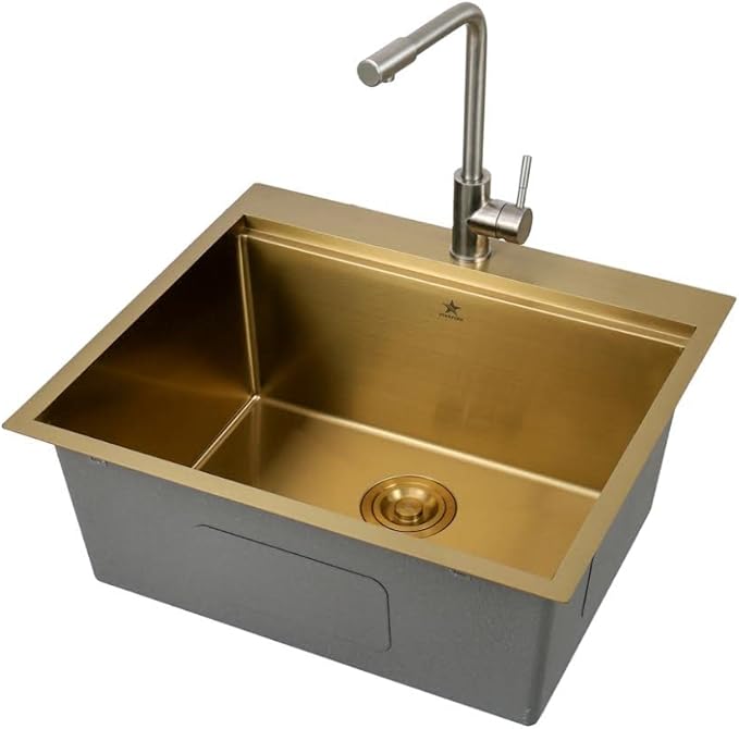 STARSTAR Workstation Ledge Top Mount/Drop-in Gold 304 Matte Stainless Steel Single Bowl For Kitchen,Yard, Office, Bar, Laundry Sink (21 x 20 x 10)