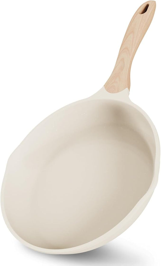 JEETEE 11 Inch Nonstick Frying Pan, Stone Coating Cookware, Nonstick Omelette Pan with Heat-Resistant Handle, Compatible with All Stoves (Beige)