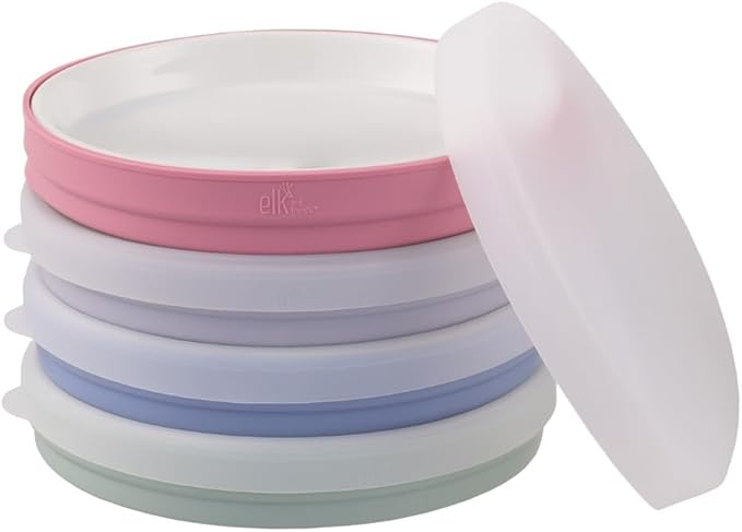 Elk and Friends Kids 7.8??Porcelain White Plates with Silicone Sleeves + Lids | Suitable for Babies/Toddlers | Microwave & Dishwasher Safe | Non Slip Dinnerware | Snack Dishes | 4 Pack