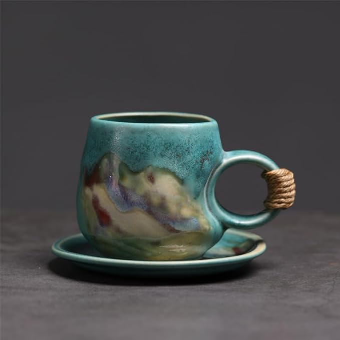 Small 8oz Unique Vintage Retro Japanese Handmade Ceramic Cappuccino Barista Cup with Saucer ??Artisanal Stoneware Coffee Mug, Lead-Free Latte Art Mug,Teal Green tea cup, Handcrafted Pottery tea mug