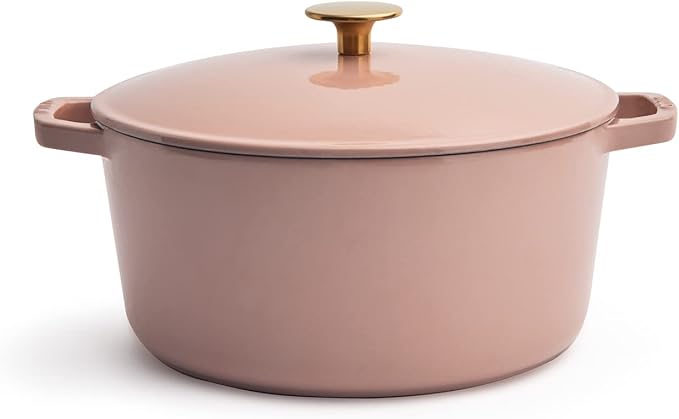 Milo by Kana 5.5-quart Enameled Cast Iron Dutch Oven with Lid | Premium Casserole Cooking Pot | Enamel Coating Inside and Out | Oven Safe and Dishwasher Friendly (Dusty Pink with Gold Knob)