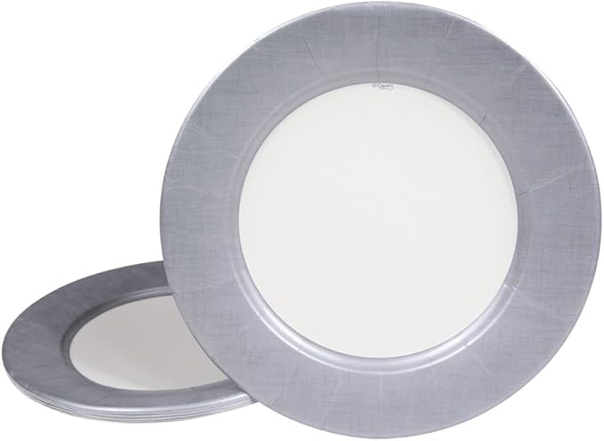 Caspari Linen Border Paper Dinner Plates in Silver - 16 Count