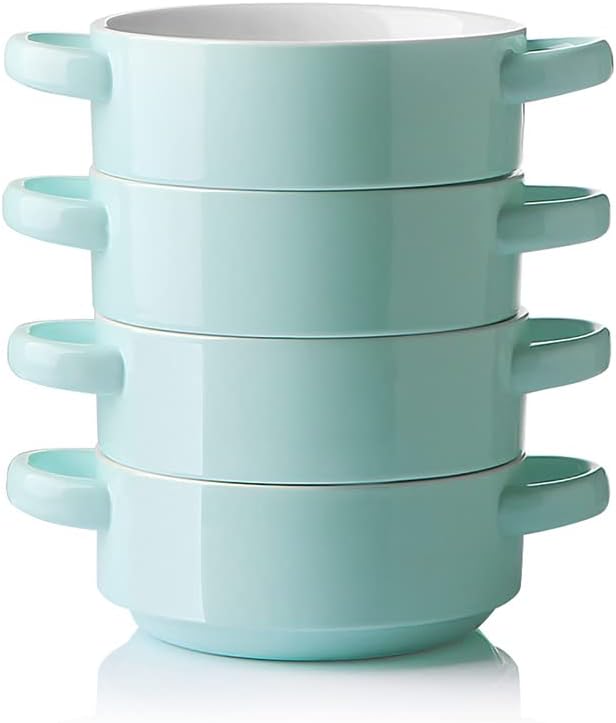 Sweejar Ceramic Soup Bowls with Double Handles, 20 Oz Stacked Bowls for French Onion Soup, Cereal, Pot Pies, Stew, Chill, Pasta, Set of 4(Dark Turquoise)