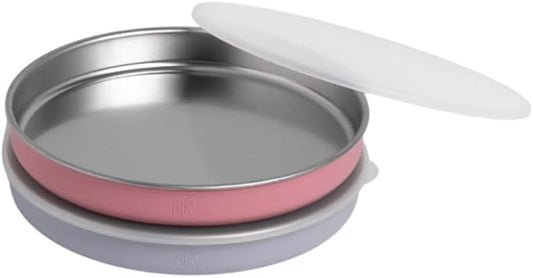 Elk and Friends 7.8??Stainless Steel Non Divided Plates with Silicone Sleeve + Storage Lid | Baby, Toddler, Kids | Dishwasher Safe | Dinner & Snack Plates | 2 Pack