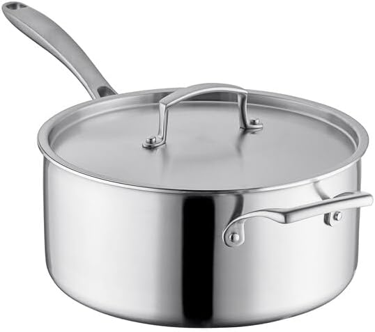 SS3 Series 7 Qt Tri-Ply Stainless Steel Sauce Pan with Cover, Helper Handle, Satin Finish, Induction Ready, NSF Listed, 4.9 Inch Height