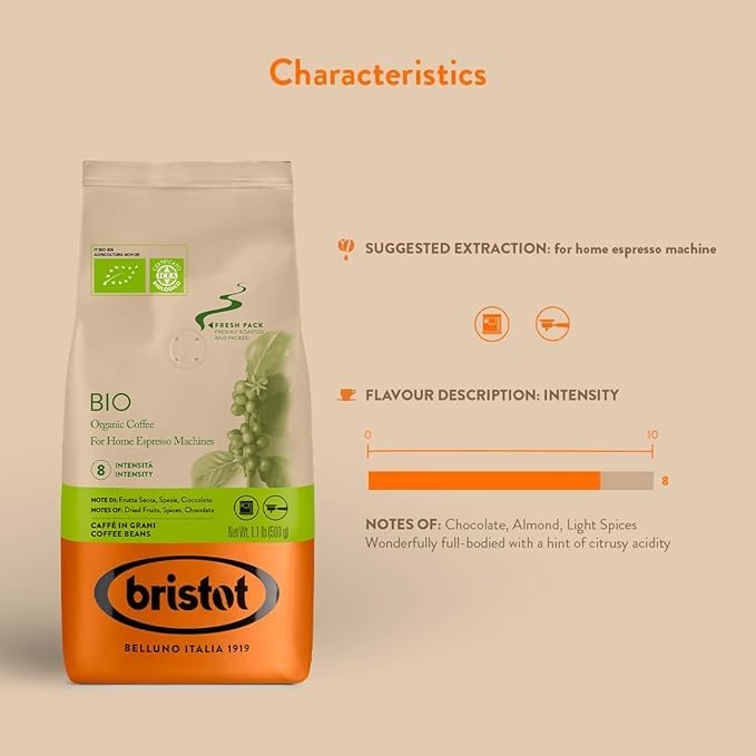 Bristot Bio Organic Italian Espresso Beans ??Whole Bean Coffee, Medium Roast ??Smooth & Aromatic with Spices, Caramel & Sandalwood Notes ??1.1 lb (500 g), Certified USDA Organic