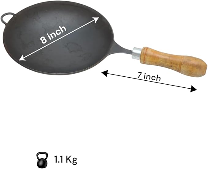 Pure Iron Mini Woke Kadhai fring saute Pan For Kitchen 8 inch size with wood handle Hand made Light Weight.